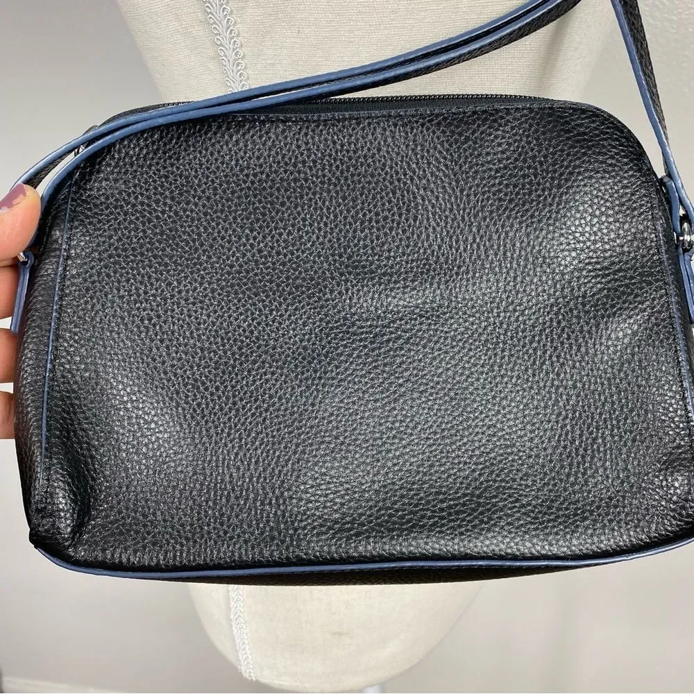 Lodis Charlotte crossbody bag in black pebble-grain leather with navy blue trim